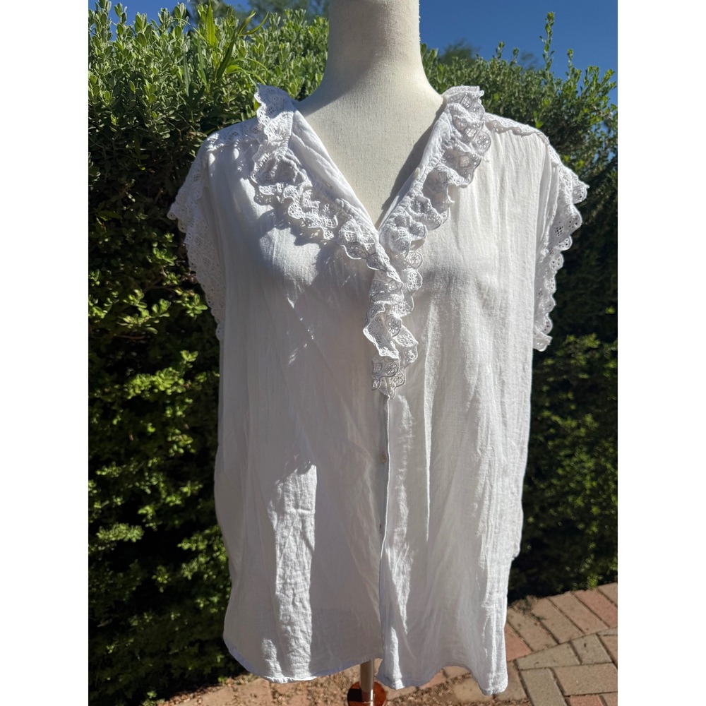 Nili Lotan Leanne White Cotton Eyelet Lace Ruffle V-Neck Cap Sleeve Blouse Large